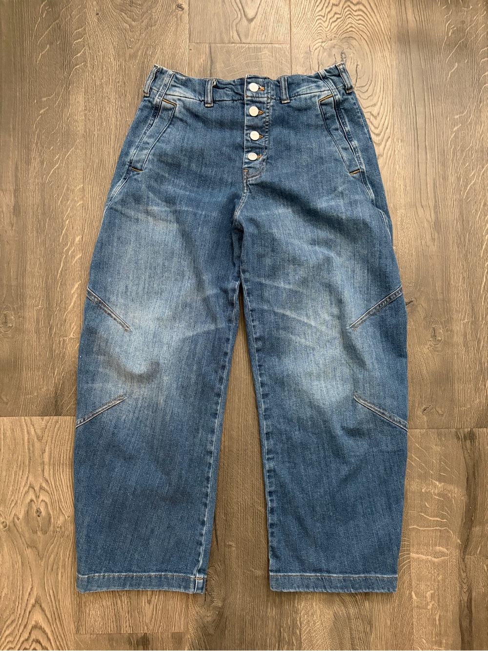 Pilcro Medium Blue Button-Fly Barrel Jeans